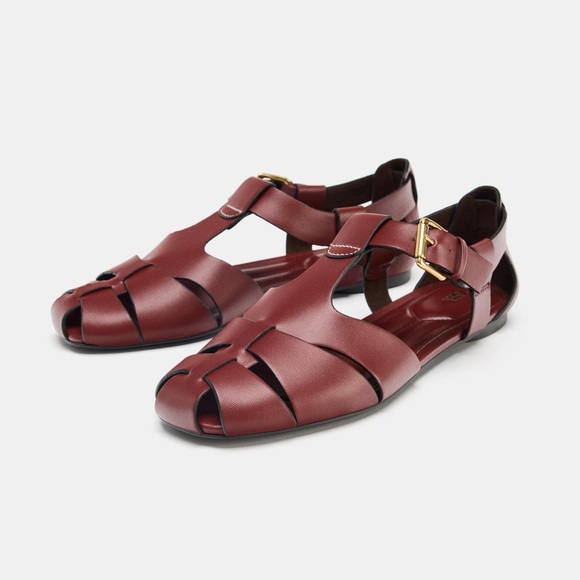 Zara Women's Flat Fisherman Leather Sandals Red NWT - Picture 2 of 5
